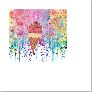 Icecream Cone Sloth Watercolor Paint Drip Posters and Art